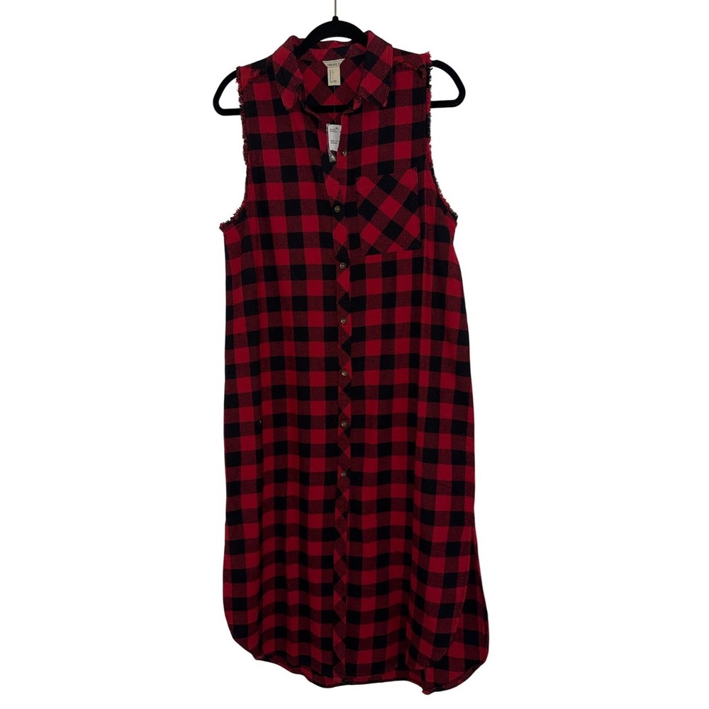 Forever 21 Red Black Buffalo Plaid NWT Sleeveless Button Midi Shirt Dress L